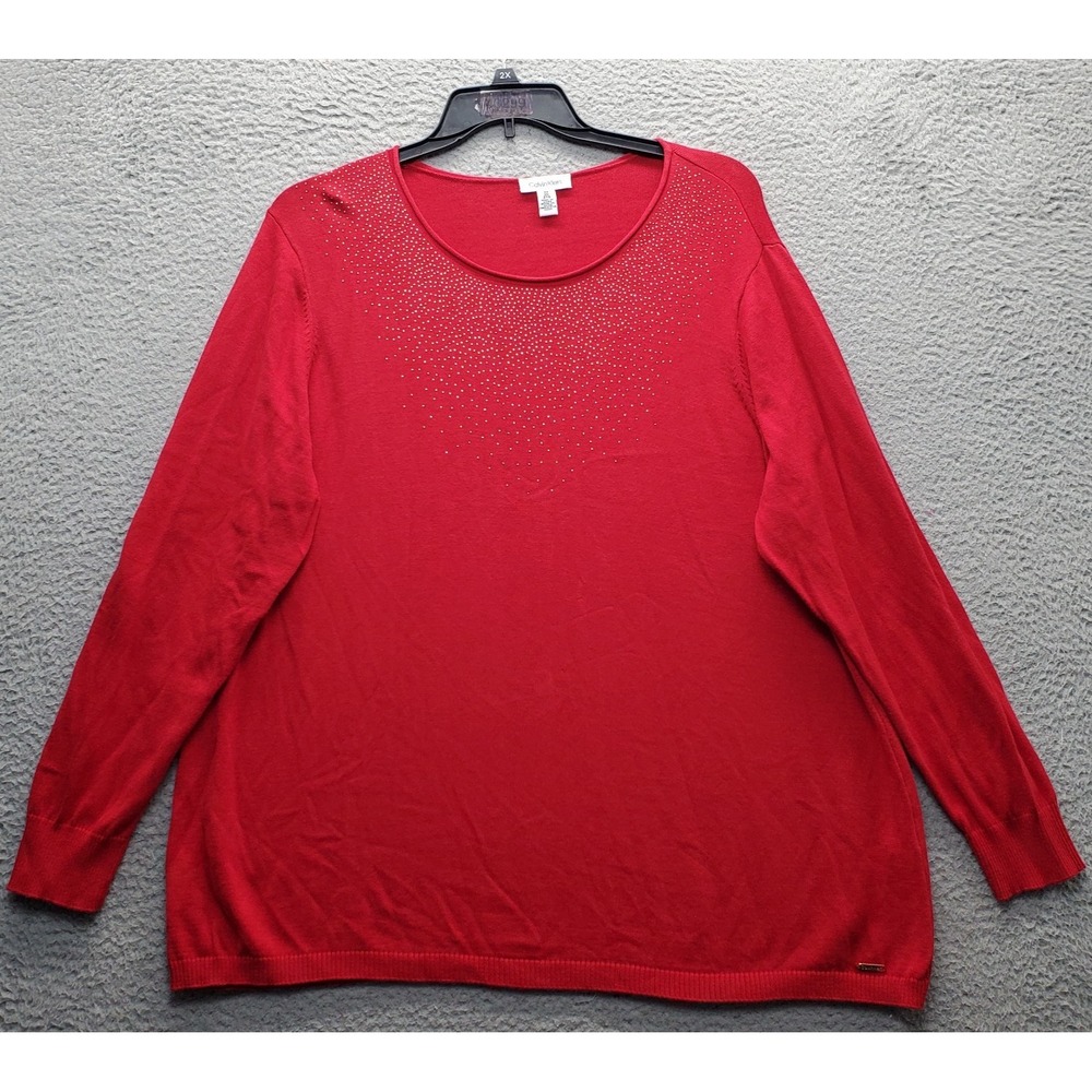 Calvin Klein Sweater Womens 2X Red Rhinestone Raglan Sleeve Round‎ Neck Pullover